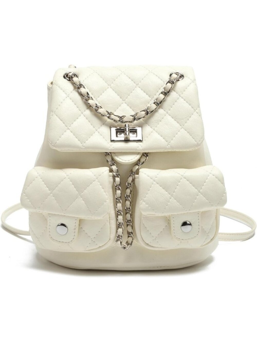 Chic White Quilted Mini Backpack Purse, Small PU Leather Bag with Chain Strap